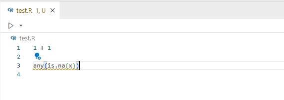 R script showing the code `any(is.na(x))`. A blue lightbulb shows that a quick fix is available for this piece of code.