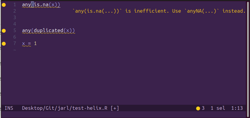 R script showing several pieces of code that trigger rule violations, such as `any(is.na(x))`. This is displayed in the Helix editor. The code is underlined in yellow and the violation message appears next to the code.