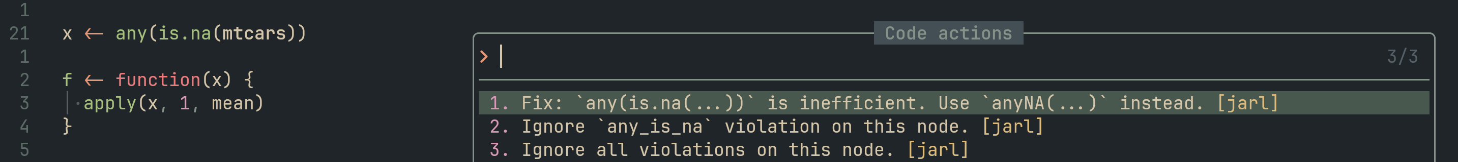 The same R script as before, but this time there is a list of three actions next to the piece of code: apply fix, ignore this rule, and ignore all rules.